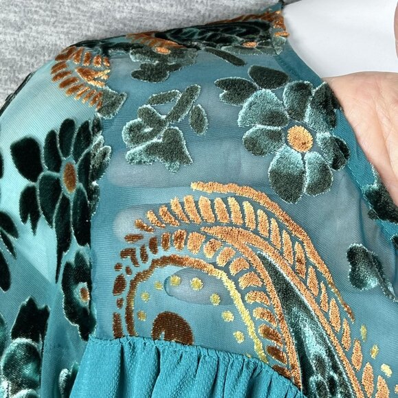 Umgee Womens L Boho Floral Velvet Burn Out Shift Dress Embroidered Bell Sleeve - Picture 4 of 16